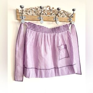 Vintage Handmade Apron Purple Gingham Tie Back , Pocket Cross Stitch Detailing